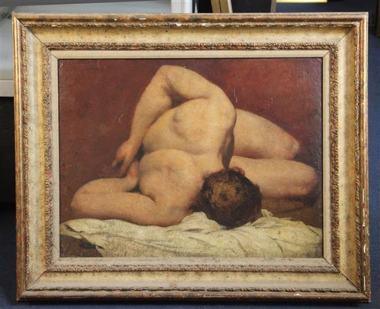 Attributed to William Etty, R.A. (1787-1849) Study of a reclining nude man 18 x 23.5in. Provenance: Formerly in the collection of Alber